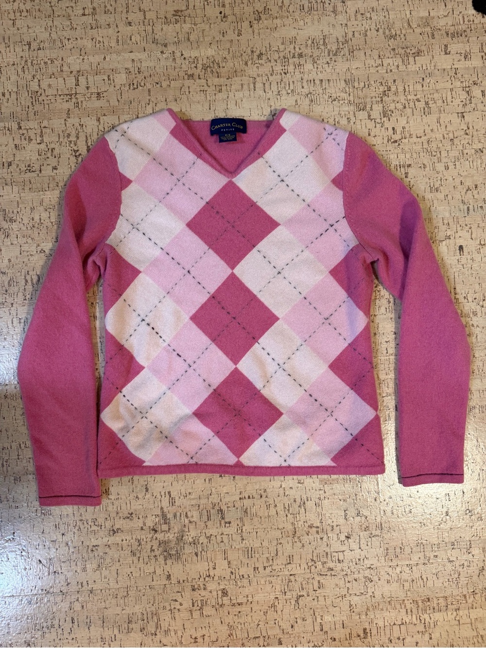 Charter Club 100% Cashmere Pink Argyle V Neck Sweater Petite Small